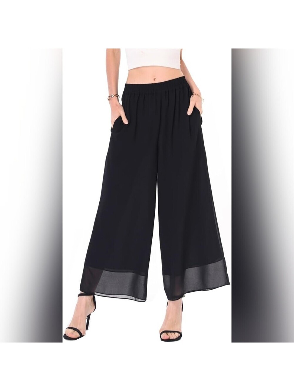 NWT heipeiwa Capris Crop Chiffon Wide Leg Palazzo Pants, Large (10-12)